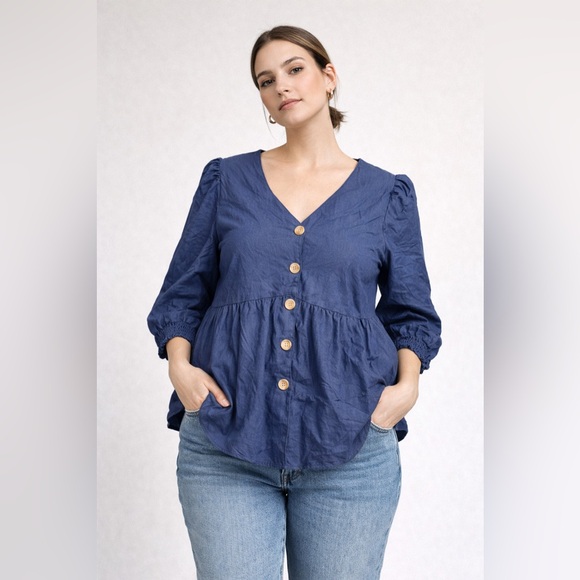 Unique Spectrum Tops - Unique Spectrum Navy Blouse with Button Detail